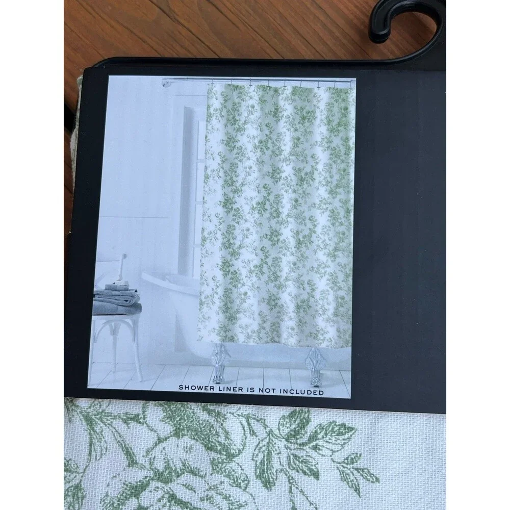 Ralph Lauren Cotton Fabric Shower Curtain White & Green Toile Roses Floral New